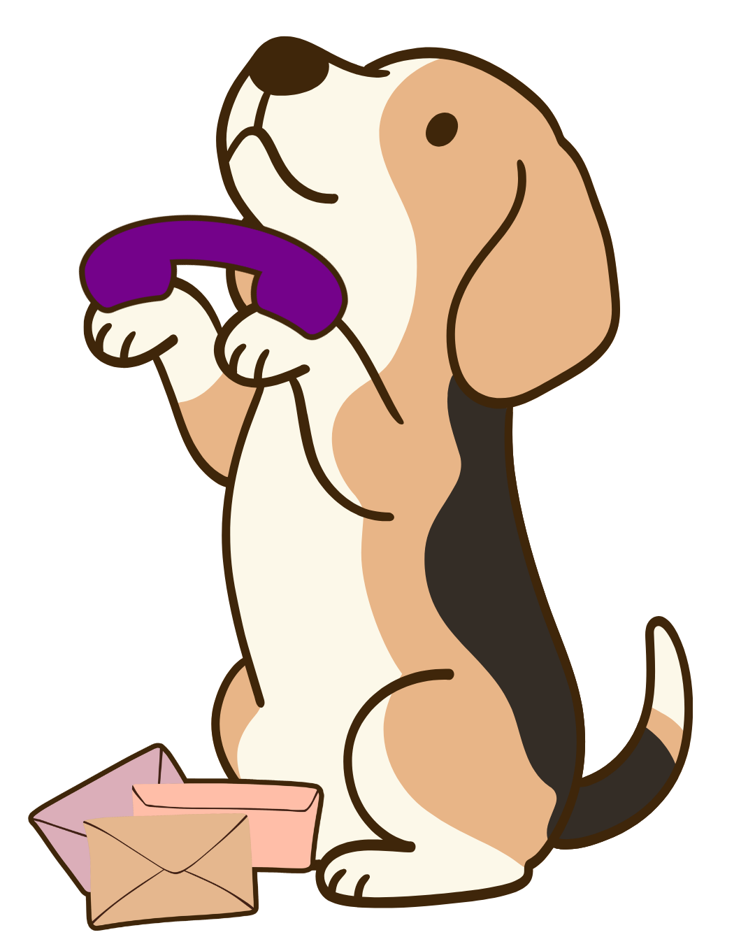 A cartoon beagle holding a purple phone and sat with letters