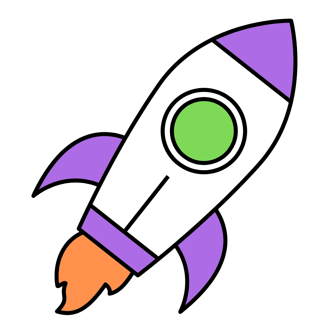 A white and purple cartoon rocket