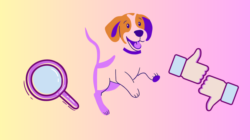 A yellow to pink gradient with a beagle, two thumbs and a magnifing glass