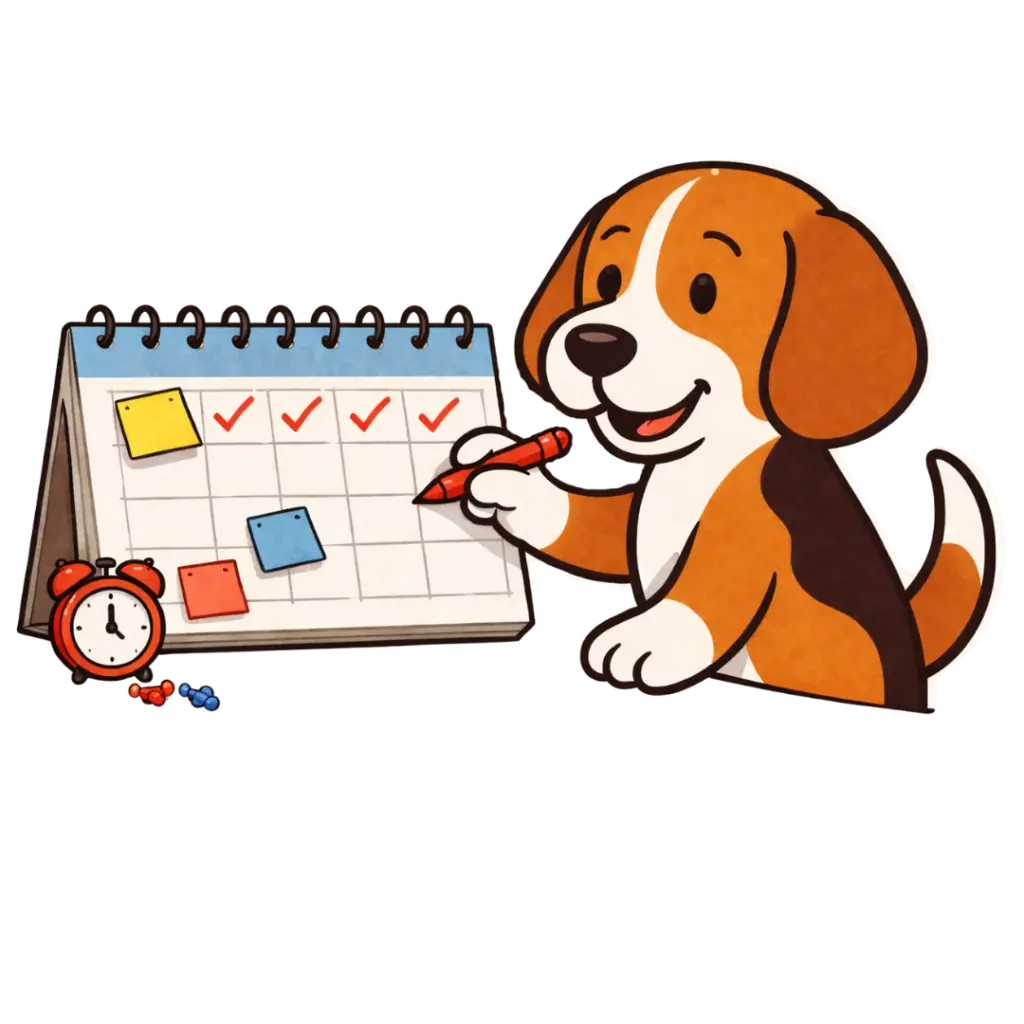 A cartoon beagle with a marked calendar
