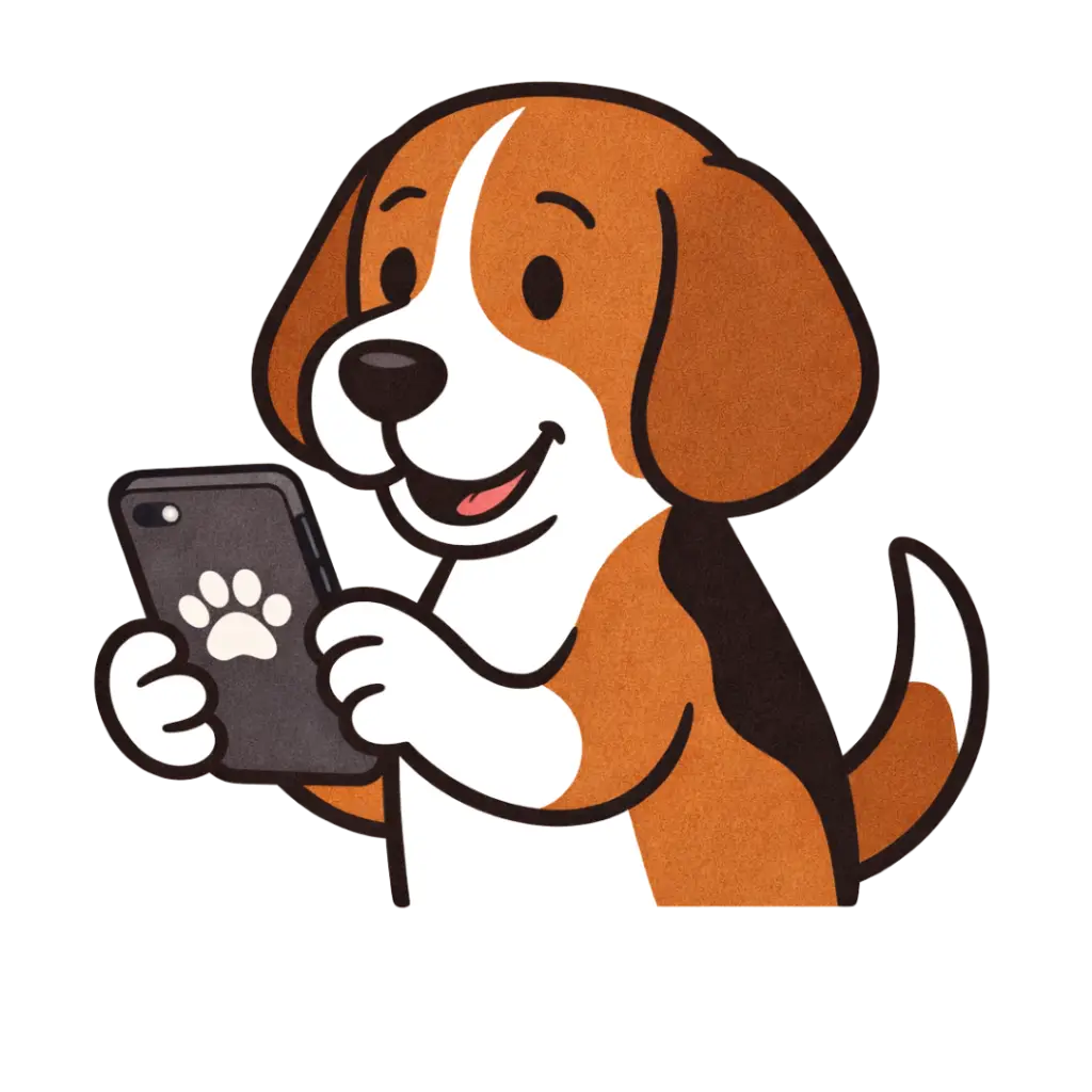 A cartoon beagle with a mobile phone