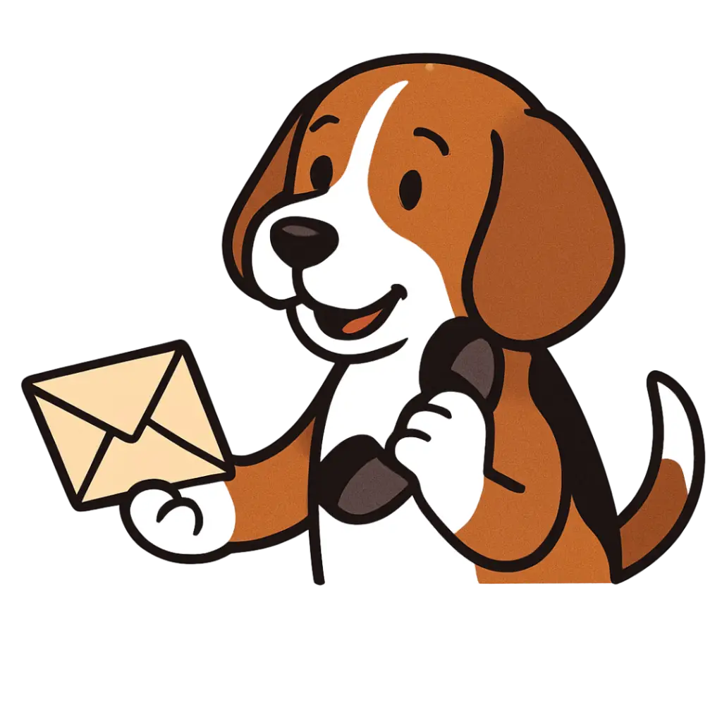 A cartoon beagle with an envelope and a telephone