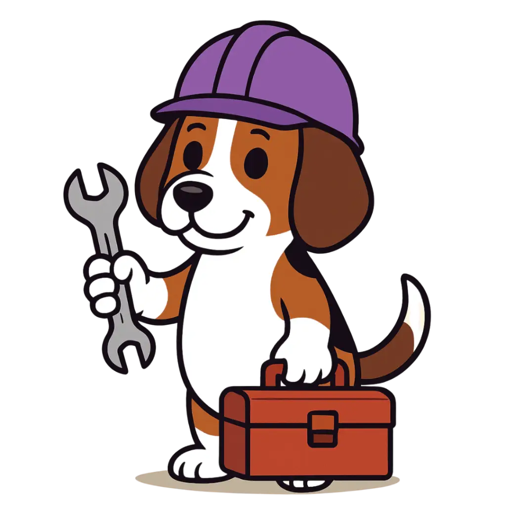 A cartoon beagle with a toolbox and spanner