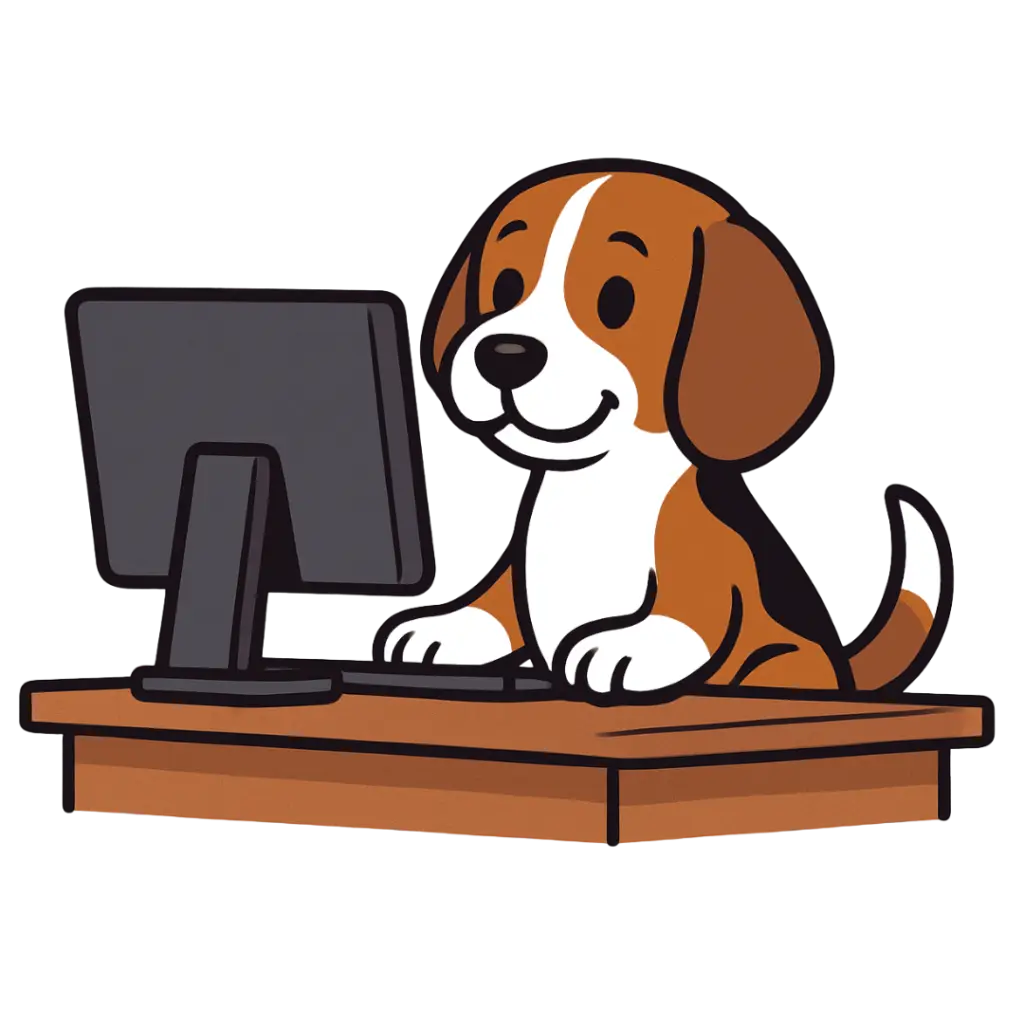 A cartoon beagle at a desk with a computer