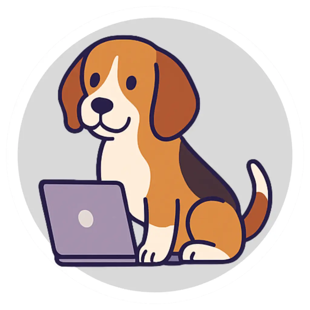 A cartoon beagle dog sat with a laptop