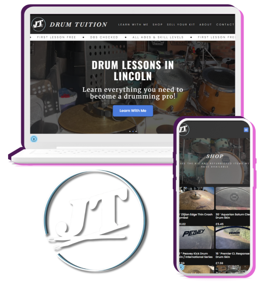 JT Drum Tuition website built by Purple Beagle Digital