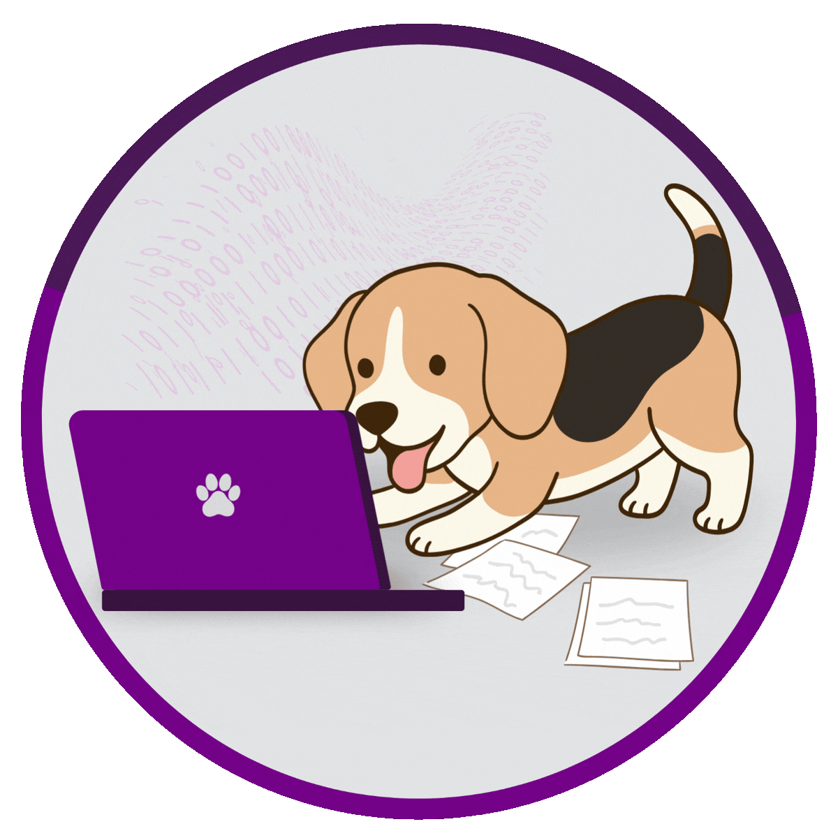 A cartoon beagle dog sat with a laptop doing web design
