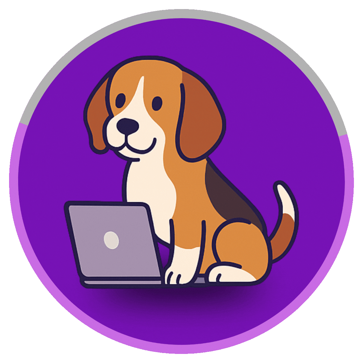 A cartoon beagle dog sat with a laptop doing web design