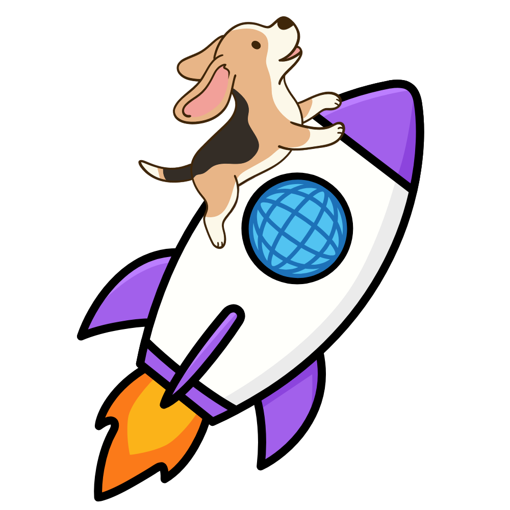 Beagle flying on a rocket