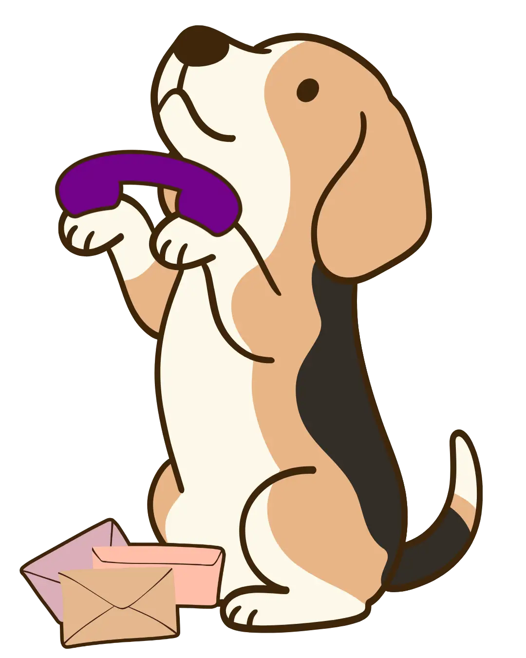 A cartoon beagle holding a purple phone and sat with letters