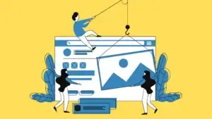 People building a website with a crane