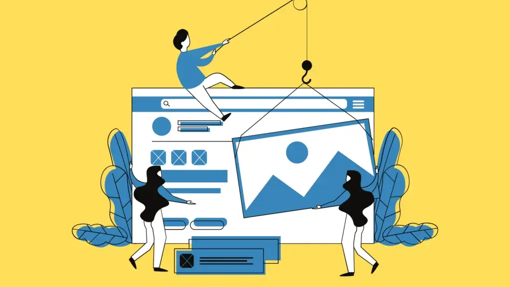 People building a website with a crane